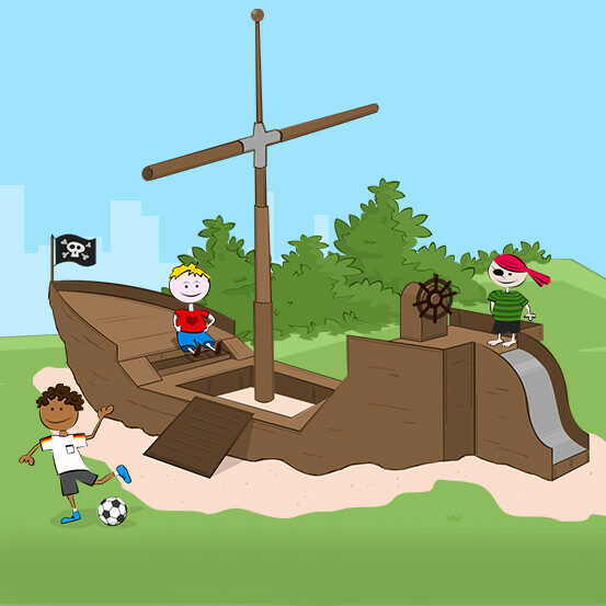 Das Symbolbild zeigt eine Zeichnung, auf dem ein Spielplatz mit einem Piratenschiff und drei Kindern zu erkennen ist. Es symbolisiert die das Online-Angebot mit dem Titel Kita Navigator.